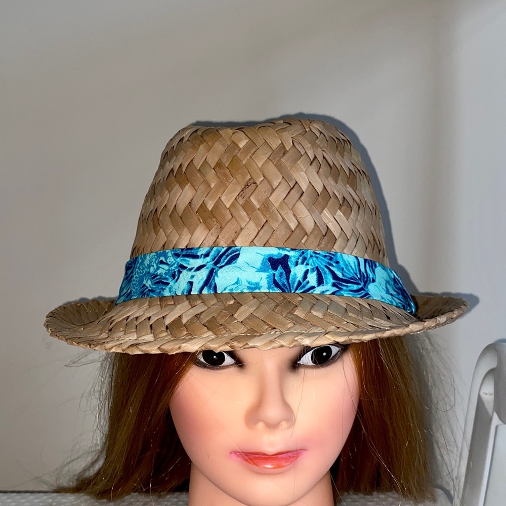 H&M Kids Unisex Straw Raffia Fedora Tan Brown Aqua Ribbon Band 12-14